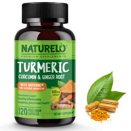 NATURELO Turmeric Curcumin - BioPerine for Better Absorption - Black Pepper, Ginger Root, Curcuminoids - Plant-Based Joint Discomfort Support - 120 Vegan Capsules