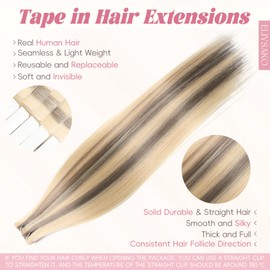 Eliysako Professional Invisible Tape hair human Hair Extensions #P60/16 Grey Brown Mix Blonde 14inch 50G/20s Tape In Extension Daily Styling Premium Human Hair Extensions Tape In Adhesive