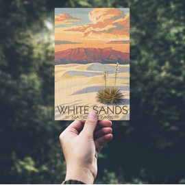 White Sands National Park, New Mexico, Sunset Scene (4x6 Birch Wood Postcards, 2-Pack Stationary, Rustic Home Wall Decor)