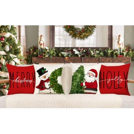 ALINK Red Christmas Pillow Covers 18x18 Set of 4 Farmhouse Christmas Decorations Snowman Wreath Santa Claus Tree Merry Christmas Holly Jolly Winter Holiday Decor Throw Cushion Case for Home Couch