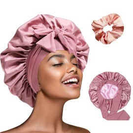 DAJOOEE Silk Bonnet for Sleeping with Scrunchie Women's Silk Bonnet Sleep Cap Silk Satin Hair Cap Bonnet Sleep Cap Sleep Cap Hair Cap, pink