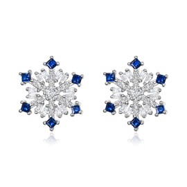 EVER FAITH 925 Sterling Silver Blue Cubic Zirconia Winter Snowflake Flower Elegant Sapphire Color Stud Earrings Christmas Gifts for Women