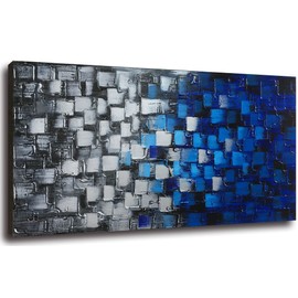 Textured Abstract Squares Canvas Wall Art Hand Painted Modern Dark Blue and Silver Oil Painting Picture Decor for Home and Office Framed Ready to Hang 48x24inch