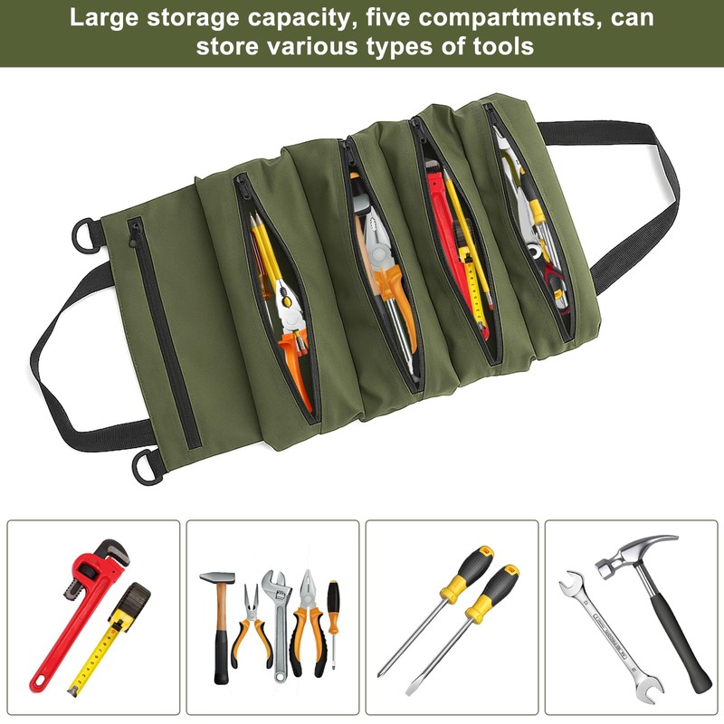 Tool Roll Bag with 5 Zip Pockets, Small Tool Bag,