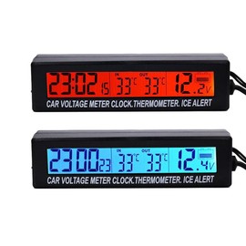 VIGORSTRENG 3in1 Digital Car Thermometer Voltmeter Automatic Indoor Outdoor Thermometer Alarm Clock with Blue Orange Backlight