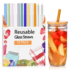[10 Pcs] Reusable Glass Straws Shatter Resistant - 9" x 10 mm Multicolor Drinking Reusable Straws With 2 Cleaning Brushes for Coffee,Milkshakes,Juice Drinks