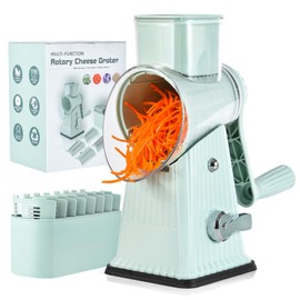 Ziweaye Rotary Cheese Grater, Vegetable Shredder 5 in 1 Cheese Grater with Handle edder Reinforced Suction,Easy to Clean,Kitchen Chopper for Crushed Ice,Fruits and Nuts with Blade Storage Case（Green）