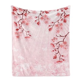 Lunarable East Throw Blanket, Japanese Cherry Blossom Sakura Buds Springtime Travel Destinations Seasonal, Flannel Fleece Accent Piece Soft Couch Cover for Adults, 50" x 70", Coral Pink
