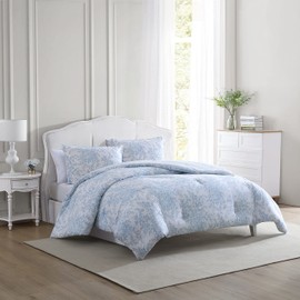 Laura Ashley- Twin Comforter Set, Cotton Reversible Bedding Set with Matching Sham(s), Farmhouse Home Décor (Bedford Blue, Twin)