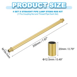PATIKIL Straight Pipe Lamp Stems Rod Kit, 4 Set M10 Carbon Steel 200mm(7.87") Long Double End Thread Rod with Coupling Nut Sleeve Connector for Table Lamps Chandeliers, Gold Tone