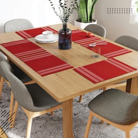 Encasa Ribbed Cotton Placemats (Set of 6), Ladder Red, 46 x 32 cm, Over 20 Modern Colours and Woven Designs Washable Fabric Placemats