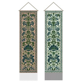 AHANDMAKER 2Pcs Green Indian Pattern Tapestry, Elephant Printed Long Vertical Tapestry Wall Hanging, Bohemian Tassel Wall Tapestry Mystic Aesthetic Tapestry for Bedroom and Living Room(45.7x13 Inch)
