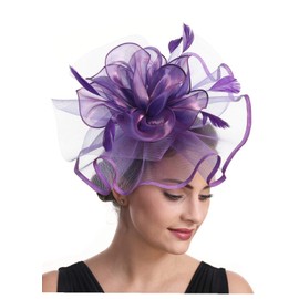 Fascinator Women's Organza Church Kentucky Derby British Bridal Tea Party Wedding Hat Summer Ruffles Cap（HJ2-Purple）