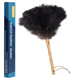 Aldwin Ostrich Feather Duster, 16 inch Black Genuine Ostrich Feathers with Wood Handle, Reusable Car Dusters, Eco-Friendly Cleaning Handheld Dusters for Home, Office and Kitchen