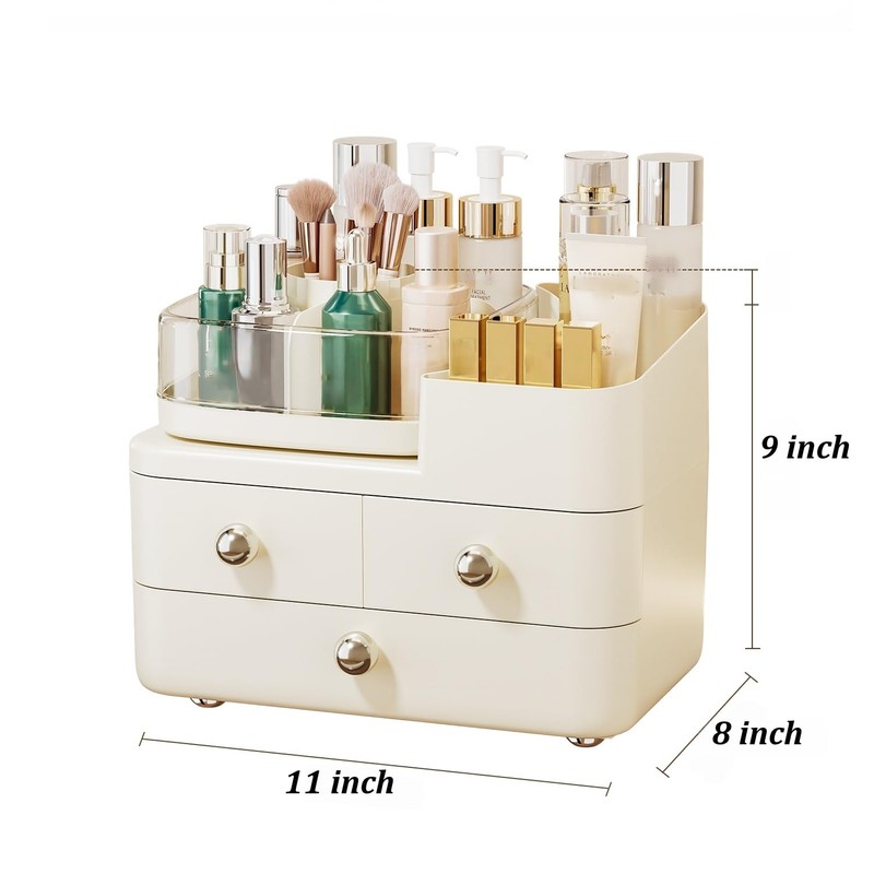 Makeup Organizer with Drawers and 360° Rotating Brush Holder,make up