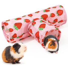 JarThenaAMCS - Túnel de conejillo de indias lavable de 3 vías, túnel de conejo plegable de fresa rosa, juguete de animales pequeños, para conejo, hámster, chinchilla, hurón