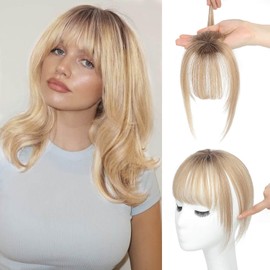 Flyroseing 100% Real Human Hair Fringe Clip in Bangs, Ombre Brown Blonde Fringe Clip in Fringe Human Hair for Women, Full Neat Bangs Fringe Hairpiece 360°Cover Clip in Fringe