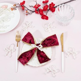 NICENEEDED 12 PCS White Pearl Bow Napkin Rings Set, Imitation Pearl Delicate Bow Napkin Holder, Beaded Serviette Buckles for Wedding Party Dinner Table Decor and Daily Use