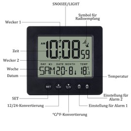 VORRINC Digitaler Funkwecker Mit Zwei Unabhängige Wecker,Schlummerfunktion,Hintergrundbeleuchtung,Datum,Woche,Temperatur,Funkuhr Automatische Einstellung Sommer-BZW.Winterzeit,Schwarz