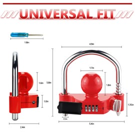 Cenipar Trailer Hitch Lock Universal with Combination Lock, Heavy-Duty Steel Tow Ball Coupler, Fits 1-7/8”, 2”, 2-5/16” Couplers, for Trailer Truck RV SUV Boat Red