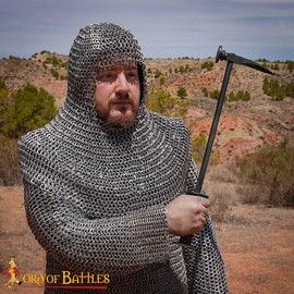 Lord of Battles Medieval Chainmail Coif Renaissance Knight Chainmail Hood Armor Aluminum Round Riveted W/Alternating Flat Rings Coif Armor
