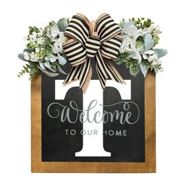 Last Name Year Round Front Door Wreath ，26 Letter Farmhouse Wreath Wooden Hanging Sign Door Decoration Wreath，All Seasons Wreath for Home Indoor Outdoor Decoration (T)