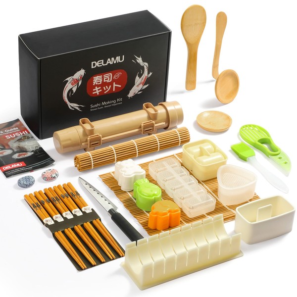 Sushi Making Kit - Delamu 27 in 1 [Parent-Child] Sushi Kit, for Beginners/Pros Sushi Makers, with Bamboo Sushi Mats, Sushi Bazooka, Onigiri Mold, Rice Paddle, Sushi Knife, Guide Book & More