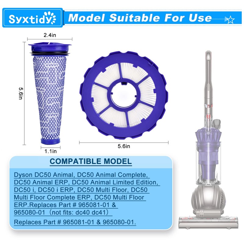 Syxtidy 2 Pack Replacement Hepa Post Filter & Washable Pre