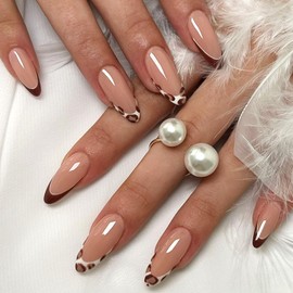 Vopintpy Brown Leopard Print French Tip Press on Nails Long Almond Fake Nails with Glue on Nails Glossy Acrylic Stick on Nails for Women