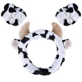 Quilax Cow Headbands for Women Washing Face, Cute Cow Print Skincare Headband & Wristband Set, Soft Fuzzy Makeup Hair Wrap Hand Cuffs, Elastic Spa Hair Scrunchy for Shower Pajama Parties
