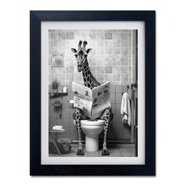 Funny Bathroom Decor Black and White Bathroom Wall Art Giraffe in Toilet Framed Animal Canvas Print Bathroom Picture Wall Decor