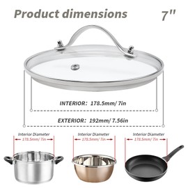 7" Tempered Glass Pan Lid with Steam Vent, Thickened to 4mm, Universal Fit for Cast Iron Skillets, Frying Pans & Pots