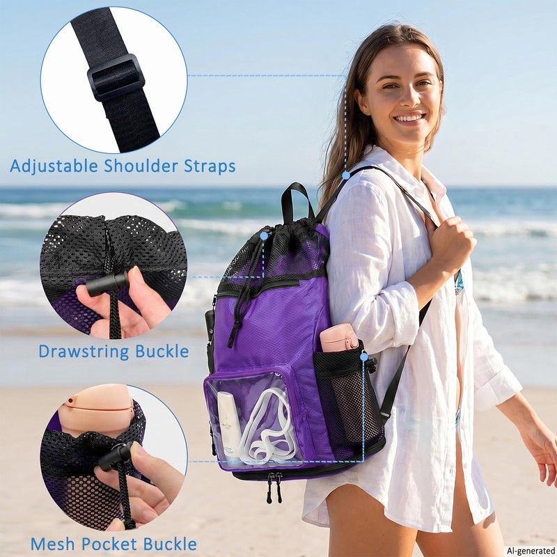 YUHAN PRETTY Mesh Beach Backpack Sandproof Waterproof Drawstring Backpack with