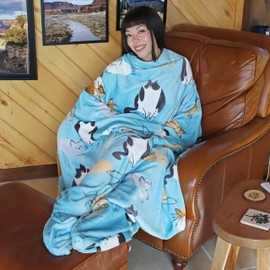 Catalonia Wearable Fleece Blanket with Sleeves and Foot Pockets for Adult Women Men, Micro Plush Comfy Wrap Sleeved Throw Blanket Robe Large, Blue Cat