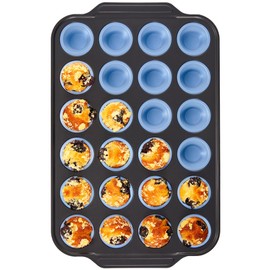 BRONYPRO Silicone Mini Muffin Pan with Metal Frame, Egg Bite Molds for Baking,Cupcake Pan 24 Regular Size, Mini Muffin Tin Easy to Pop Nonstick Non Toxic Bakeware for Oven,Blue