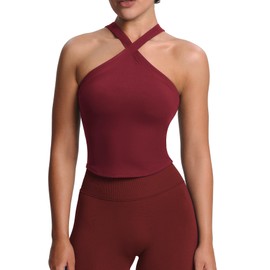 Aoxjox Women's Workout Cross-Neck Sport Bras Fitness Elanor Bra Yoga Crop Tank (Burgundy, Medium)