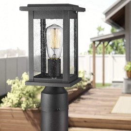Emliviar Outdoor Post Light Fixtures, 1-Light Pillar Light in Black Finish with Seeded Glass, 1803EW1-P