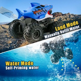 BOBXIN Amphibious Remote Control Shark Monster Truck with Water Squirt,4WD All-Terrain Off-Road 2.4Ghz Waterproof RC Car Boat Pool Water Toys for Kids Age 6+
