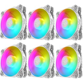 6 x Fan White RGB - Coloured LEDs 120 mm - Connection Molex - PC Case Quiet Cooling DESKTOP Fan White
