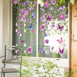 Whaline 6 Sheet Purple Flower Window Clings Spring Floral Butterfly Hanging Vine Reusable Window Decals for Home School Office Seasonal Party Supplies