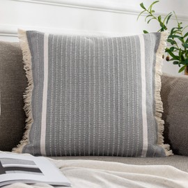 OJIA Modern Throw Pillow Cover with Tassels, Decorative Liana Fringe Accent Cushion Case, Farmhouse Woven Pillowcase for Sofa Chair Couch Bed Decor (Lumbar 20 x 20 Inches, Grey)