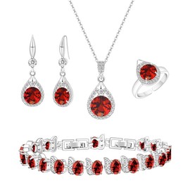 LMXXVJ Creatd Red Garnet Jewelry Sets for Women - Red Cubic Zirconia Necklace Earrings Ring Bracelet Mother's Day Prom Fashion Jewelry Set Gift,Silver-Tone