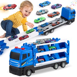 Best Toddler Toys Gifts for 3 4 5 6 Years Old Boys Girls, Transformable Truck with Race Cars, 5.3 ft Dual Race Track Toddler Car Toys Set for Kids Birthday (Bule)
