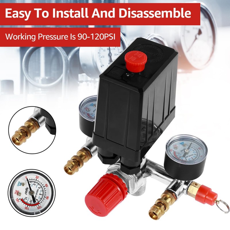Air Compressor Pressure Switch 90-120PSI Adjustable Manifold Regulator Gauge Durable