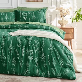 MUXHOMO Emerald Green Bed in a Bag King 7 Pieces, King Comforter Set Reversible Botanical Flowers Design, Ultra Soft & Breathable Bedding Sets with Comforter, Sheets, Pillowcases & Shams