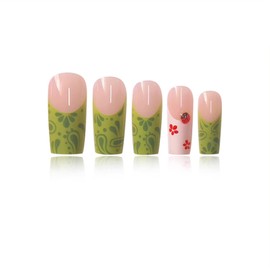 Green French Tip Press on Nails Long Square Fake Nails with Flower Beetle Designs 24 Pcs Natural Reusable Acrylic Nail Full Cover Stick on Nail for Women Fashion WYFHDT
