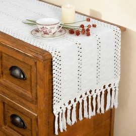 FEXIA Boho Macrame Table Runner 90 with Tassels Inches Long Cream Table Runner for Farmhouse Home Decor for Bohemian Dining Bedroom Decor Rustic Bridal Shower (12x90 Inches)