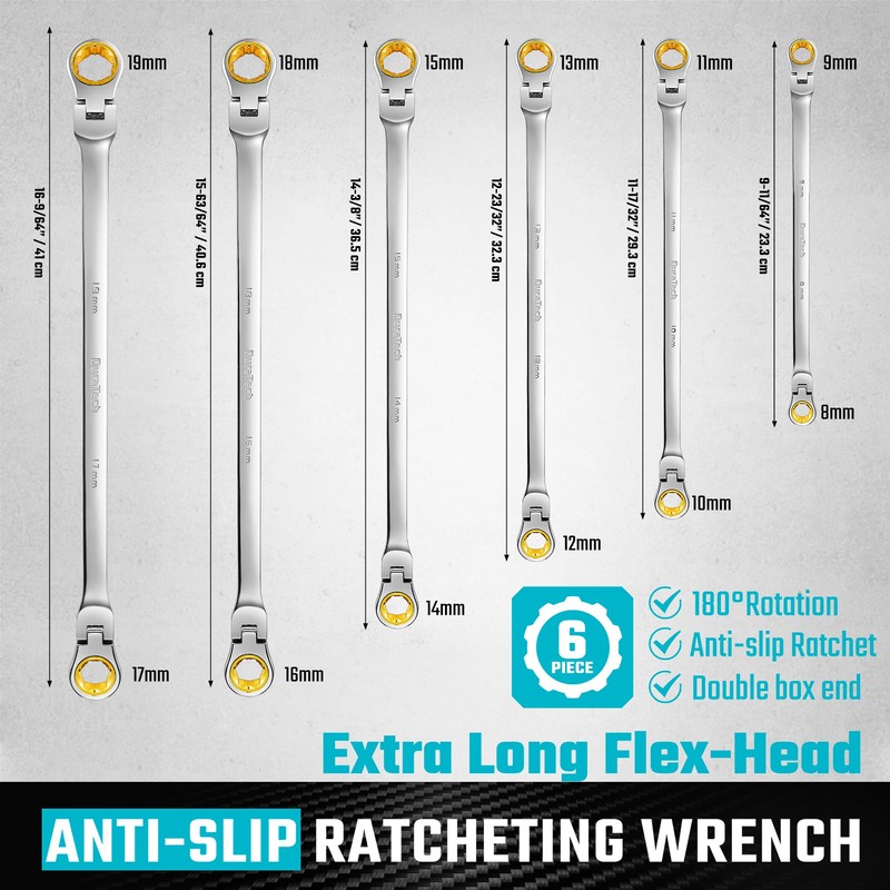 DURATECH Extra Long Anti-Slip Flex-Head Ratcheting Wrench Set, Double Box