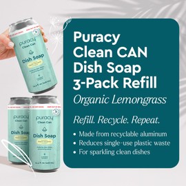 Puracy Natural Dish Soap Clean Can Refill Packs- Plant-Based Dishwashing Soap, Non-Toxic Dish Soap, Natural Liquid Dishwashing Detergent Soap As Seen on TikTok (Organic Lemongrass, 14.4 fl oz, 3 Pack)