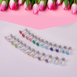 12 Pairs Surgical Stainless Steel Flat Back Stud Earrings, Screw Back Round Heart Star Square Teardrop Cubic Zirconia CZ Birthstone Stud Earrings Set (Silver star 5mm)